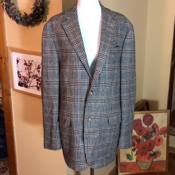LANDS END Size 42 Long 100% Lambswool PLAID Blazer Sports Jacket Classic Preppy